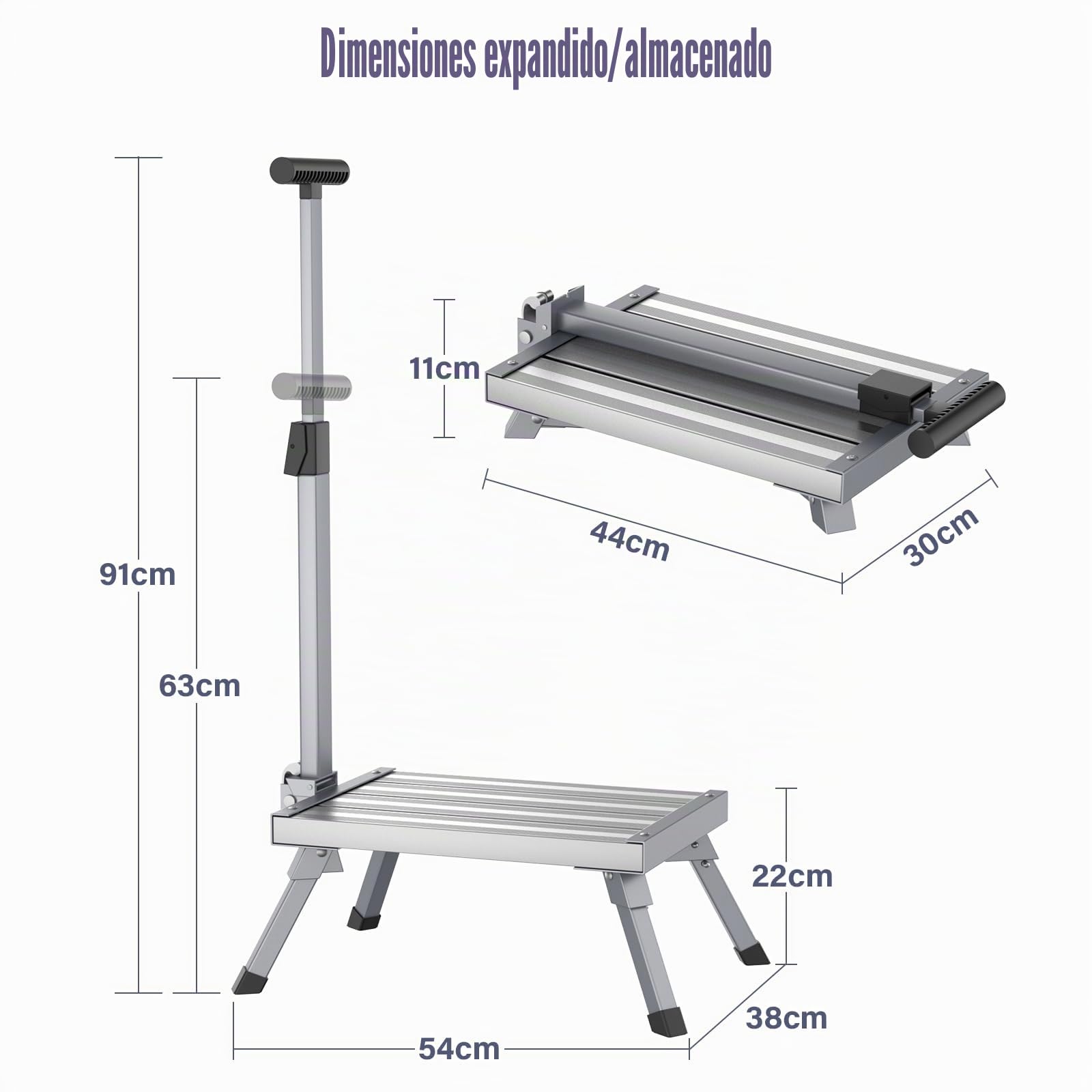 Escalera Plegable de Aluminio, Plataforma de Trabajo de 1 peldaño con pasamanos, Carga máxima de 150 kg, para Cocina, baño, Camping y más, Escalera Plegable con Alfombrilla Antideslizante