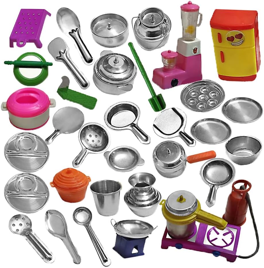 Kikaroo Miniature Stainless Steel Kitchen Set |35 Items| Pretend Play Interactive Play Kit for Boys & Girls