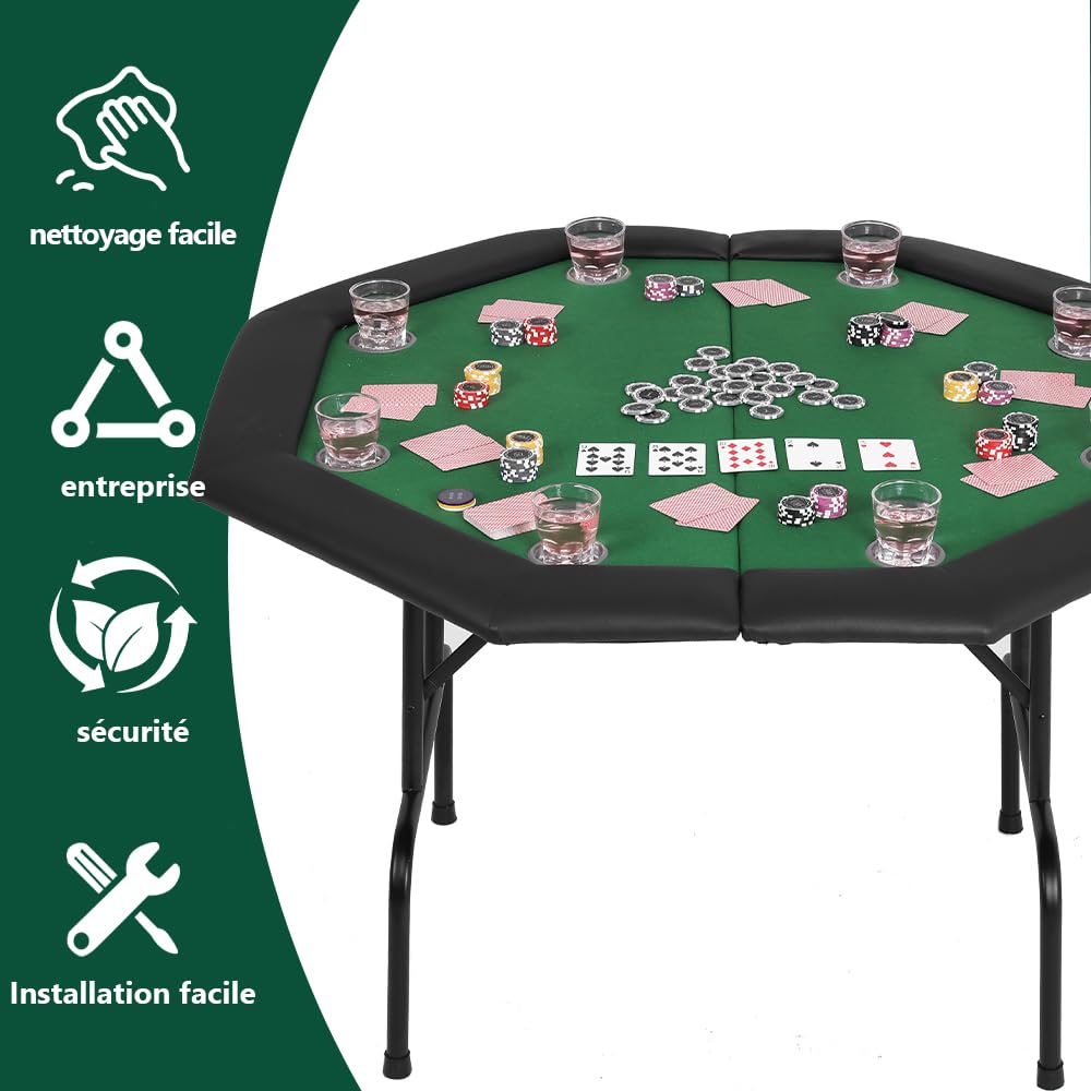 Mingone Pokertisch Klappbar 120cm Casino Tisch für 8 Spieler mit Armauflage und Becherhaltern Grün
