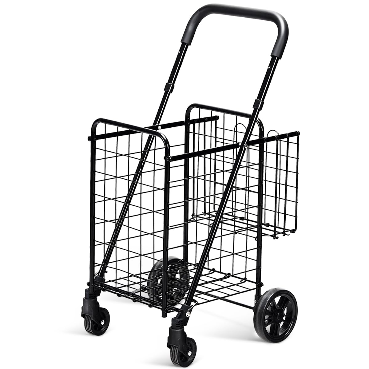COSTWAY Folding Shopping Trolley on Wheels, Height Adjustable Metal Grocery Utility Cart with Back Basket & Foam Covered Handle, Portable Luggage Utility Push/Pull Carts (Black)