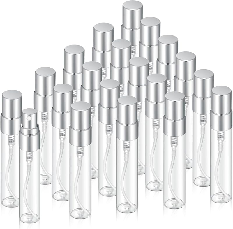 Jxcmeng 20 frascos de vidro transparente com spray fino, 5 mL, tampas prateadas, com funis, conta-gotas e ferramentas de transferência