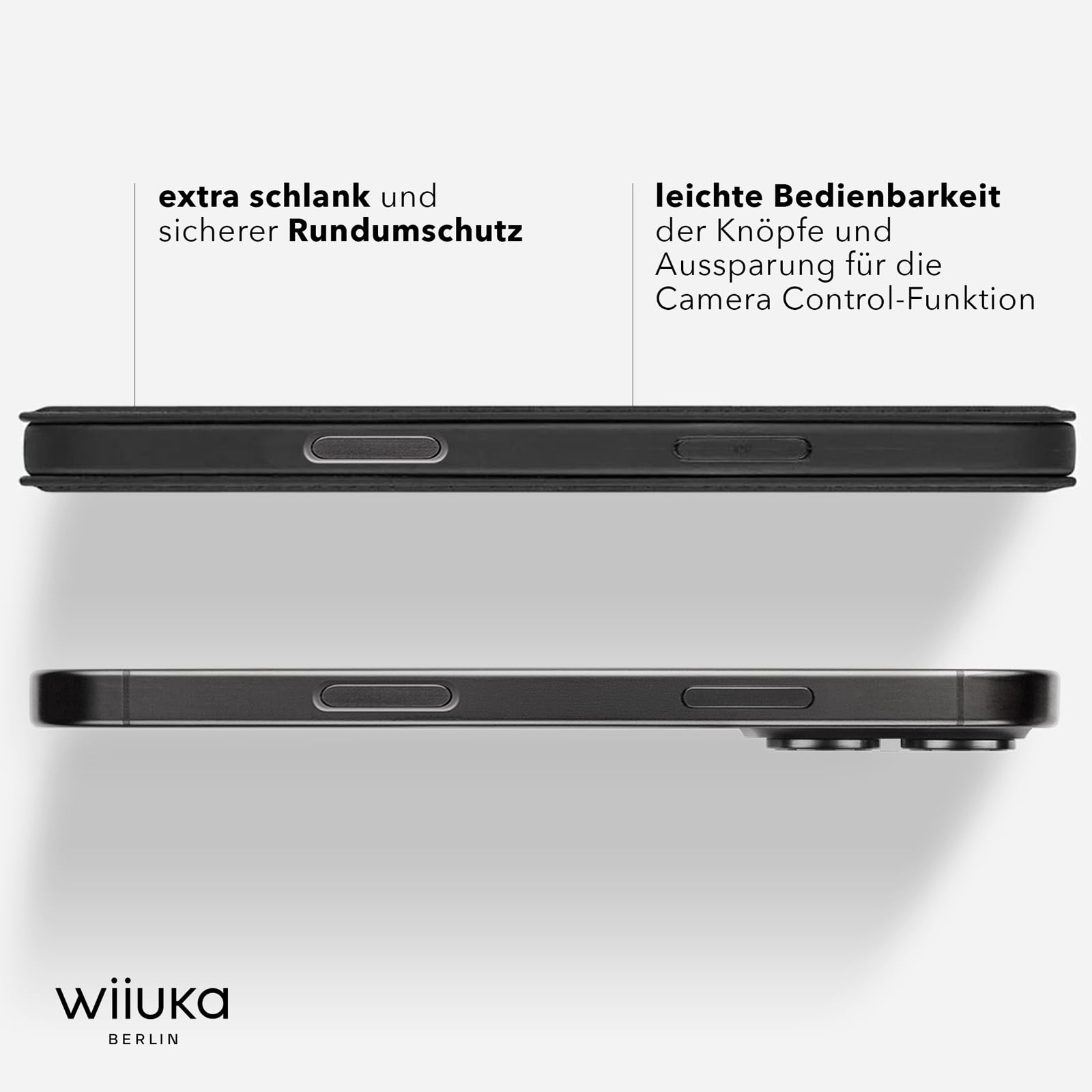 WIIUKA Hülle für iPhone 17, Leder aus Deutschland, mit Kartenfach, extra Dünn, Handyhülle mit Standfunktion, Tasche, Klapphülle, suiit, Schwarz