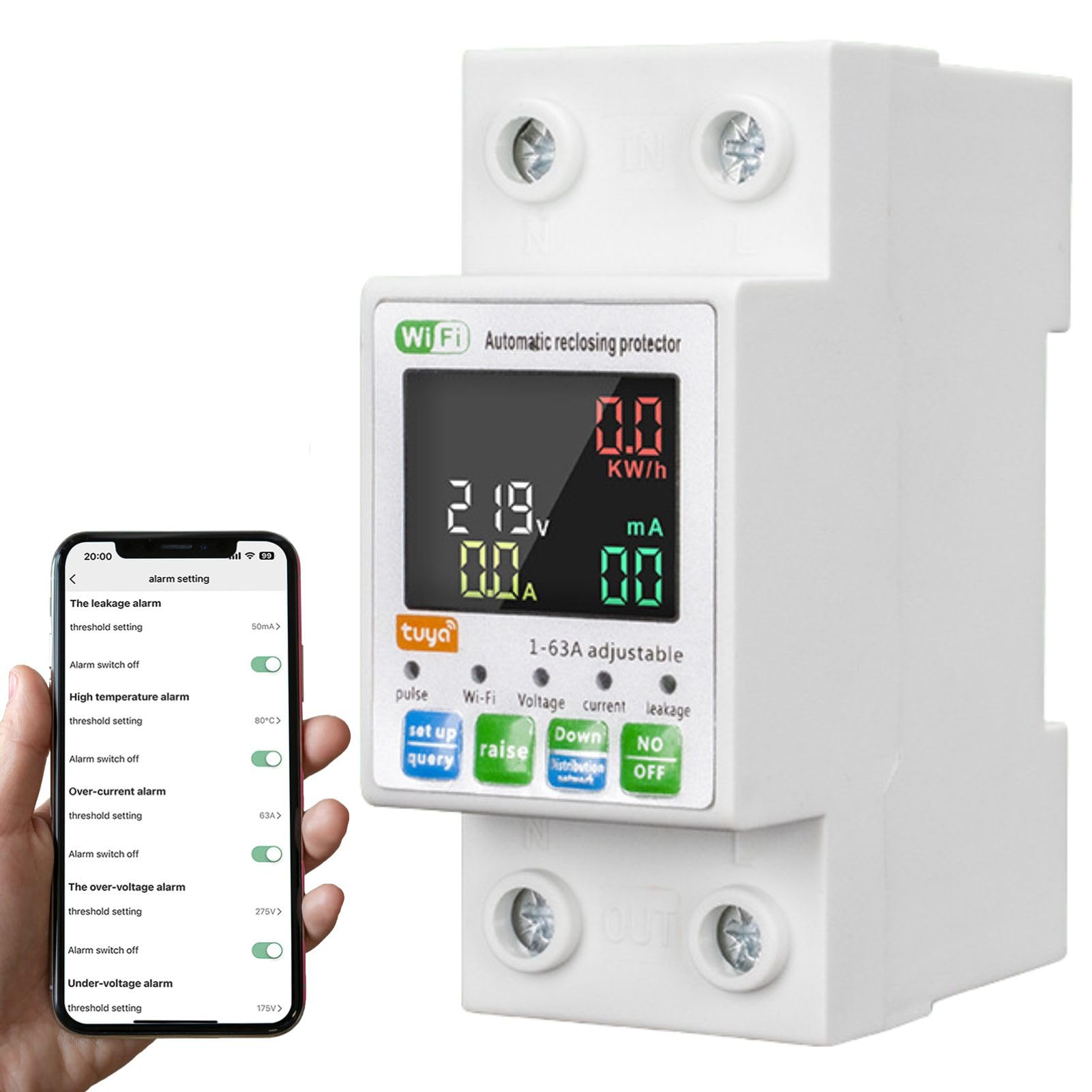 Jadeshay Contatore Energia Elettrica 63A 220V Misuratore Consumo Elettrico WiFi Tuya Digitale Misuratore di Consumo Elettrico Magnetotermico Differenziale wifi con Protezione da Sovraccarico