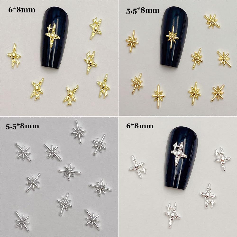 Star Nail Charms,80 PCS Gold Star Charms for Nail Silver Star Nail Charms 3D Alloy Starburst Nail Accessories Nail Rhinestones Gems for Nail Art Supplies Craft DIY
