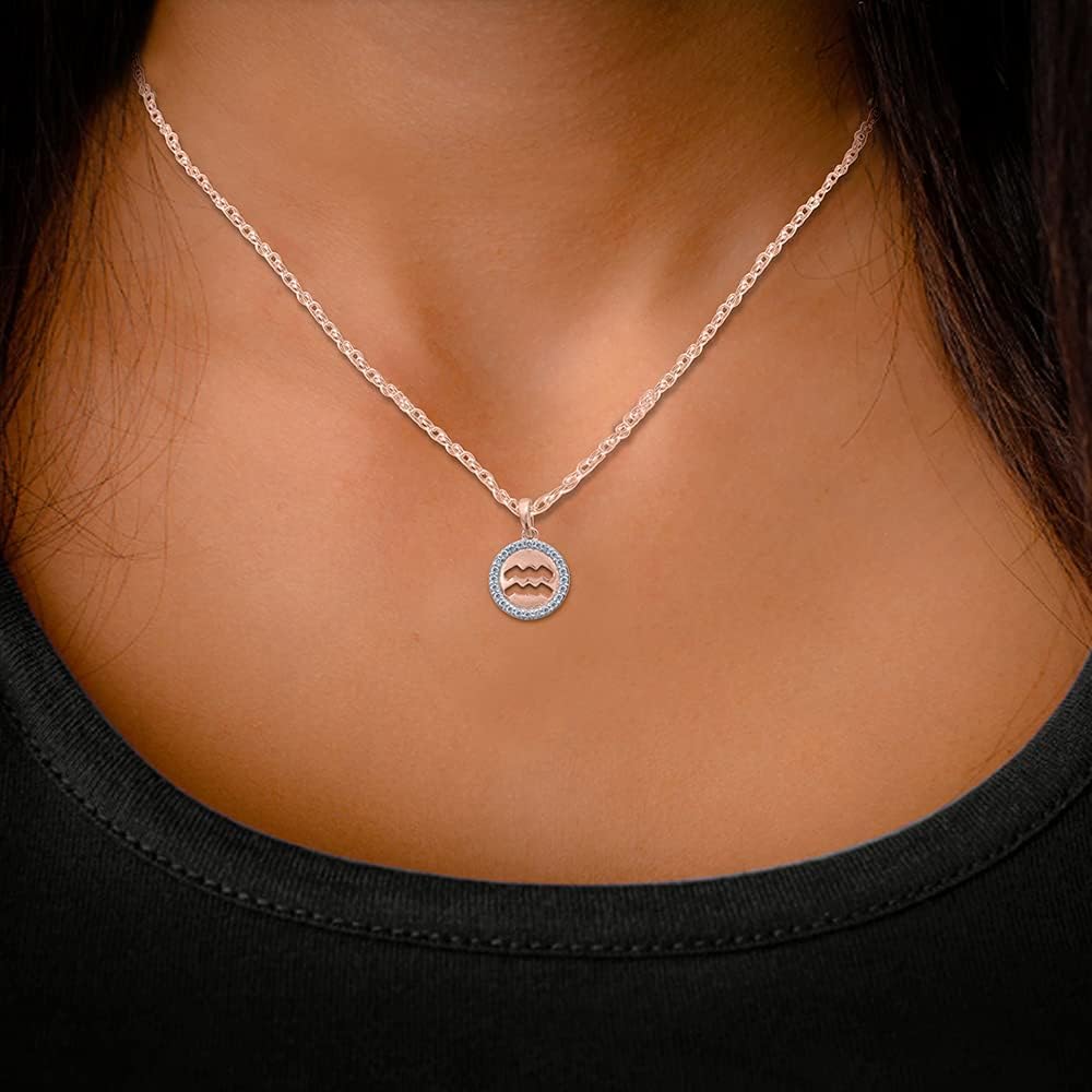 10k Rose Gold 1/8cttw Round Natural White Diamond Astrology Horoscope Aquarius Zodiac Sign Pendant Necklace Jewelry For Women,Girl,Mens (H-I Color, I1-I2 Clarity, 0.13 cttw)