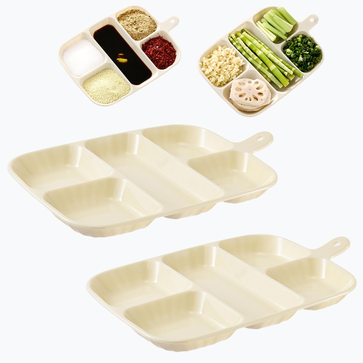 Rowcay 2P Unbreakable Plastic Snack Serving Tray with 5 Compartments，Reusable Seasoning Tray，Appetizer Tray,Multifunctional Food Platter for Chips,