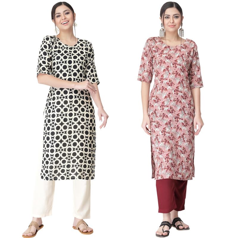 Pinkmint Kurta Set For Women Ll Printed Kurti & Pant Set Ll Regular Kurta Set Ll (Pack Of 2) Black-Pink