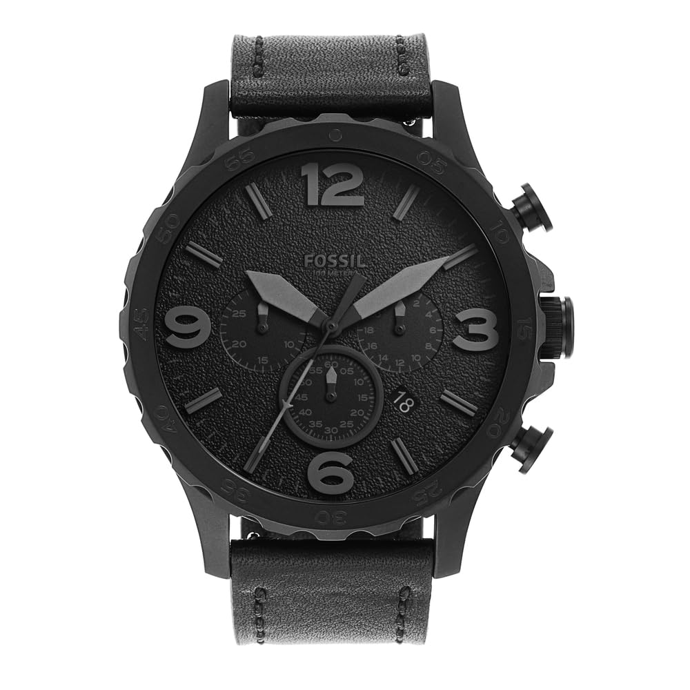 FOSSIL Herren Nate Schwarze Lederuhr und Bronson Silberfarbener Edelstahl Armband, Set