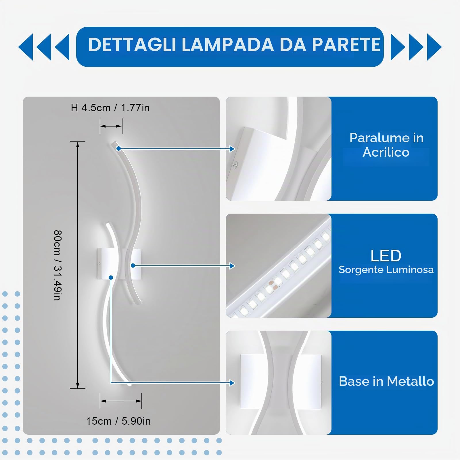 Goeco Applique da Parete Interno LED 80CM 27W 3000LM 6500K, Bianco | Lampada da Parete LED Lunga Moderna con 2 Tubi Luminosi Luce Bianca Calda per Camera da letto Soggiorno Scala Cucina
