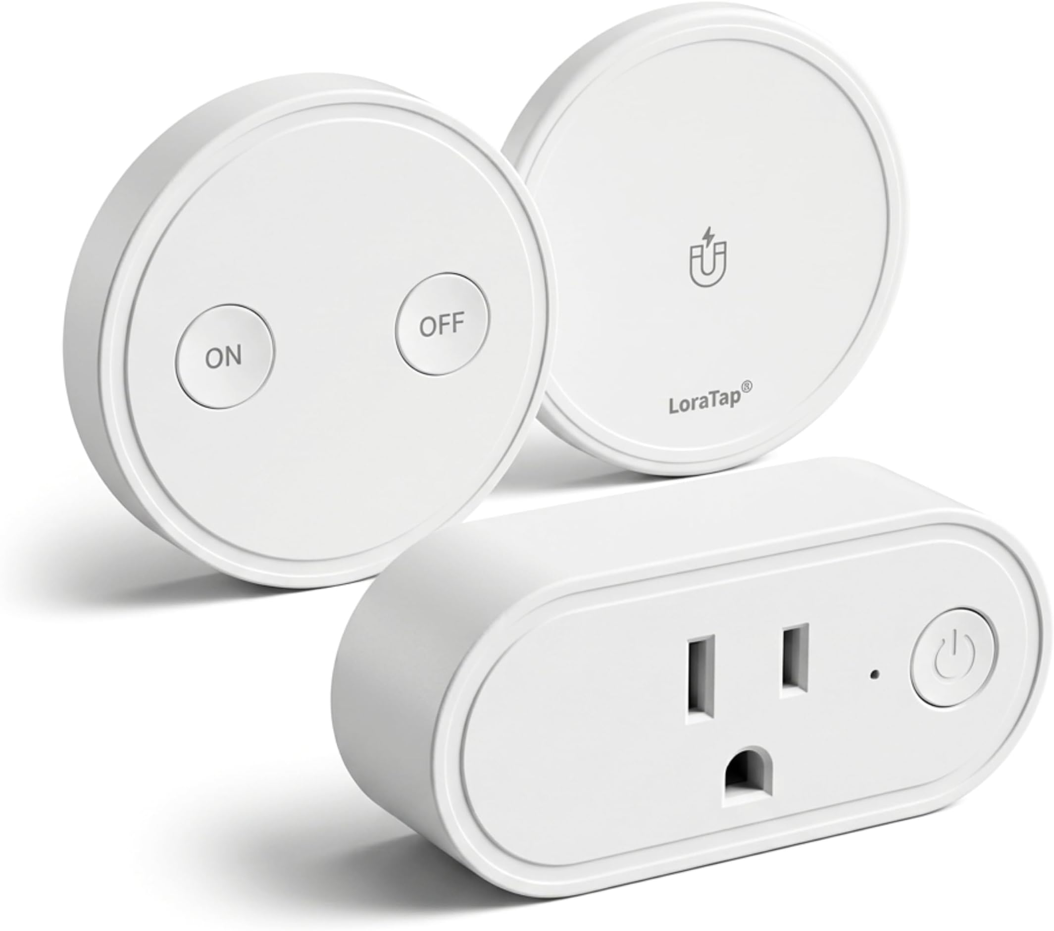 LoraTap Wireless Outlet - Ergonomic Round Remote (Comfort Grip!) + Magnetic Wall Base - Stick & Grab, No Wall Damage - 15A/1875W 100ft Range - Control for Hard-to-Reach Sockets, No More Bending