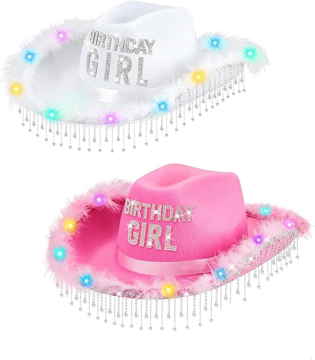 Cowboy hat,Birthday Tassels Rhinestones with Colorful LED Lights Adjustable Top Caps for Parties Birthday Gathering