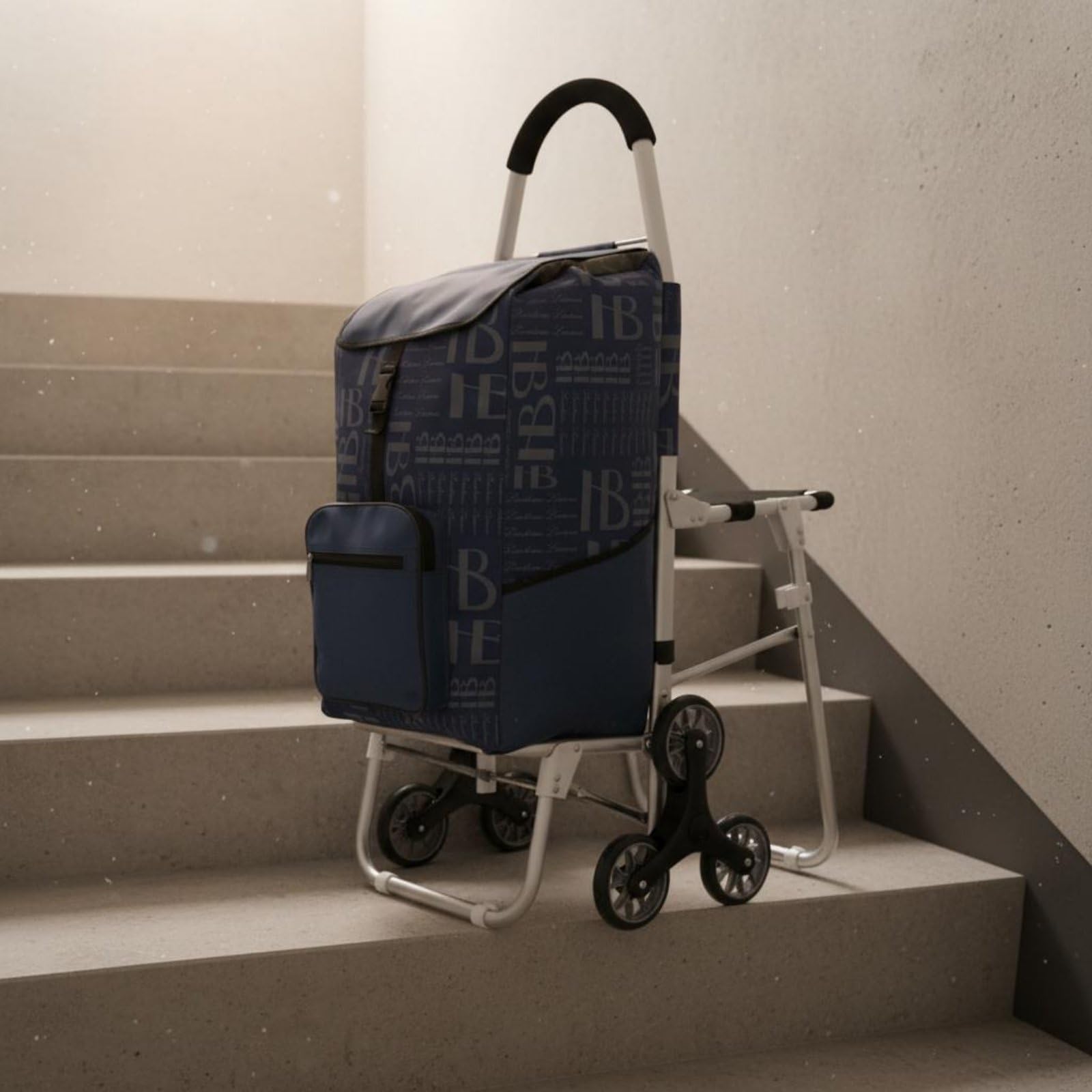 kowaku Carrello Pieghevole con Sedile Trolley per Sedia Pieghevole con Struttura Robusta in Alluminio Tessuto Oxford Resistente Funzione di Supporto Durante, Blue, Flat Ground