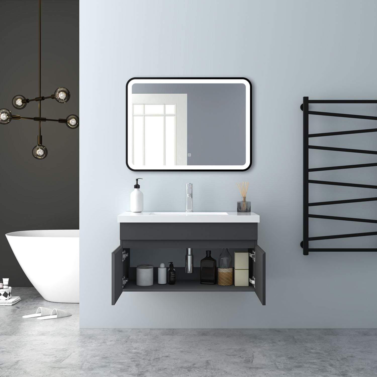 Badezimmer Badmöbel 80cm Mineralguss Waschtisch mit Unterschrank Hängeschrank Dunkelgrau Matt Badezimmerschränke Badschrank mit 2 Soft-Close Türen