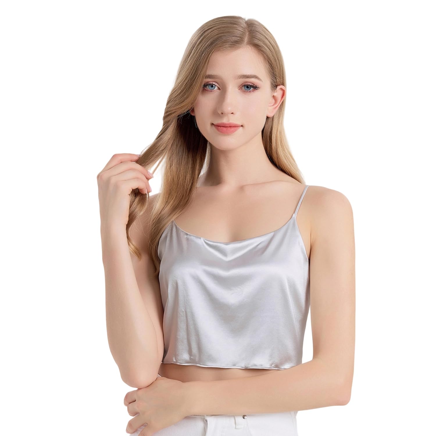 Crop Top da donna in 100% seta di gelso satinato, canotta con reggiseno integrato, sexy, senza maniche, canottiera estiva, elegante, top in seta, top casual per tutti i giorni