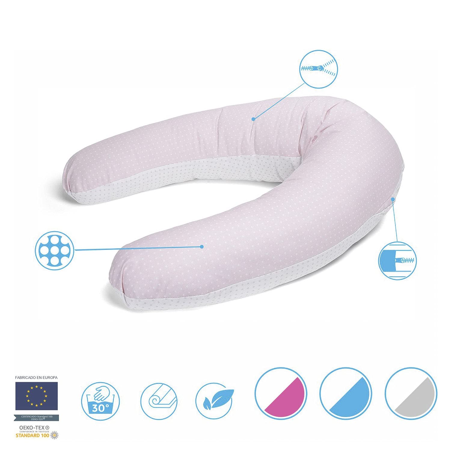 DORMISSIMO Almohada de Maternidad y Lactancia, Evolutiva Azul 160 cm - Desenfundable y con Relleno de Fibra