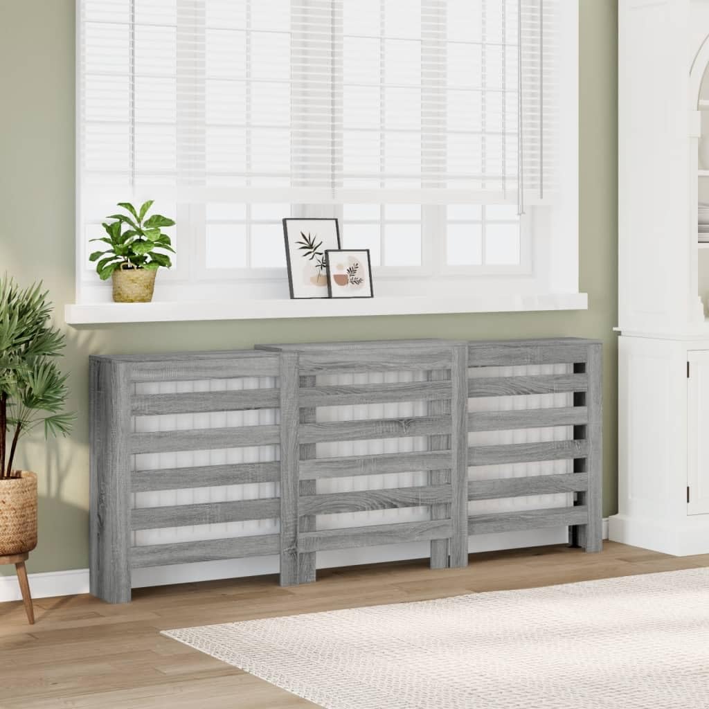 Revestimiento para radiador Sonoma gris de madera 205 x 21,5 x 83,5 cm con estante, diseño de lamas, práctico soporte de pared, cubierta adecuada para salón, baño y cocina