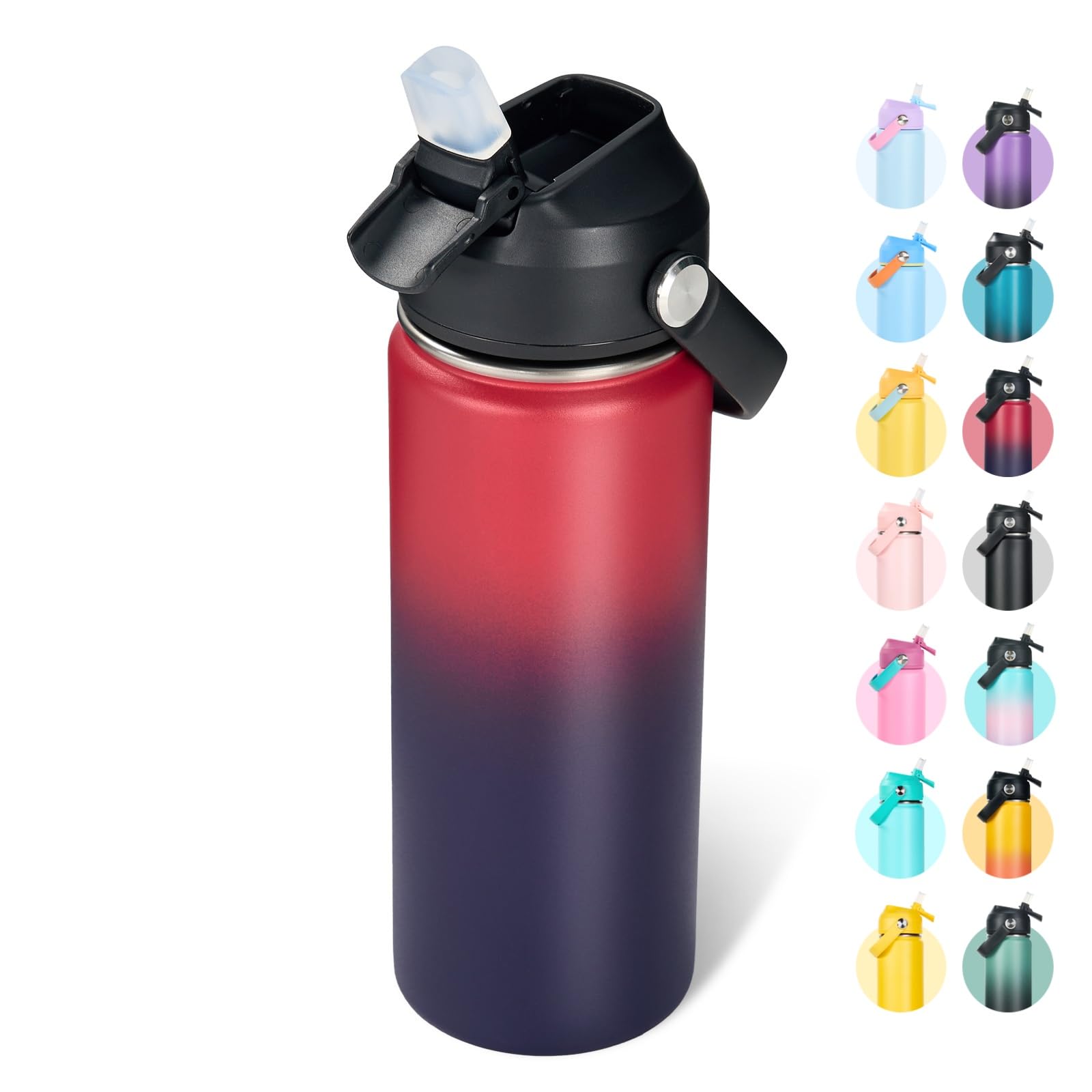 fijinhom 18oz insulated stainless steel water bottle, wide mouth double wall vacuum, silicone straw, sweat & leak proof, bpa free insulated water flask for travel, keep cold 24h hot 12h, red