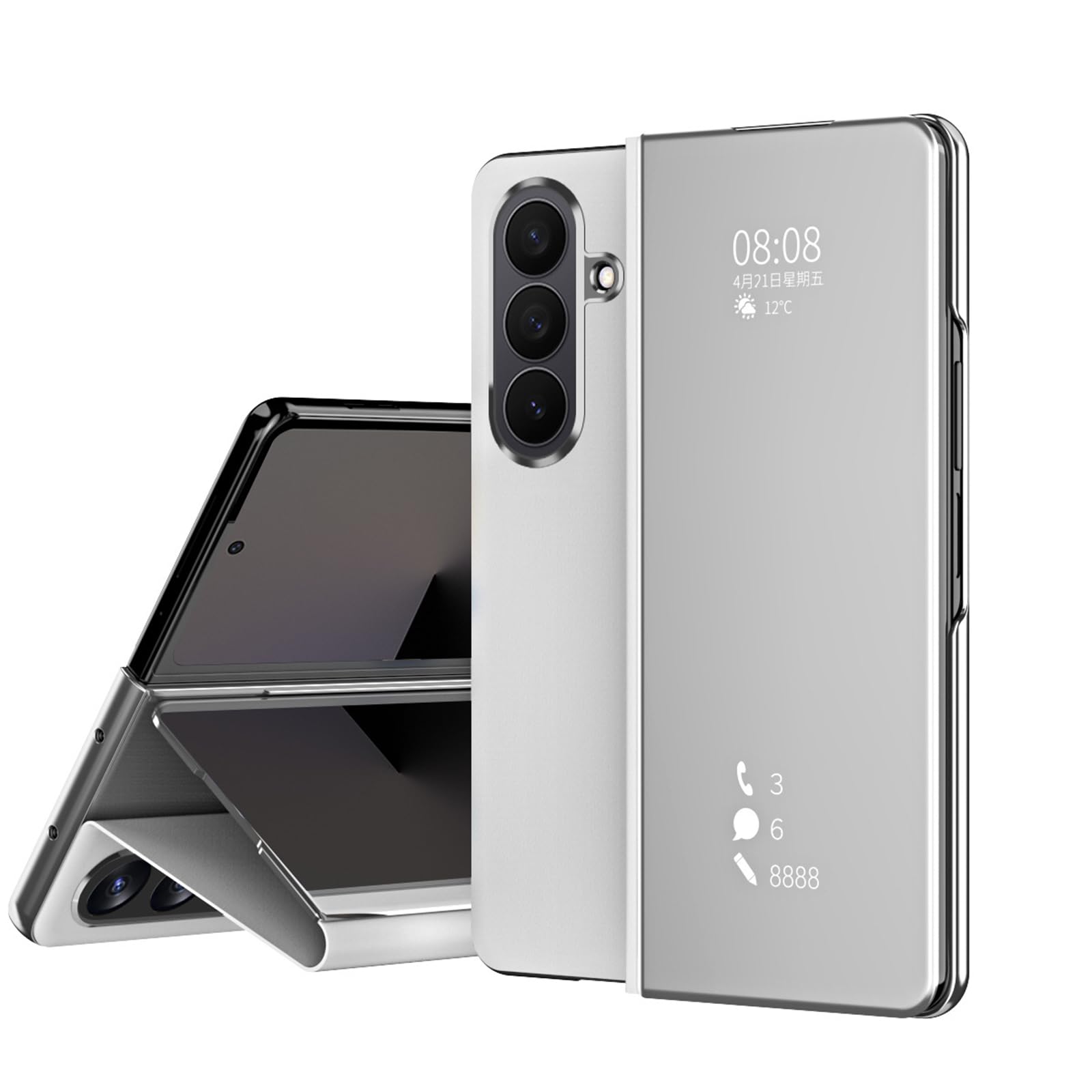 Ribaltabile Custodia per Samsung Galaxy Z Fold 8 Ultra, Chiaro Finestra | Chiusura Magnetica Placcatura Specchio Pelle Cover con Funzione Supporto Caso,Argento,Fold 8 Ultra