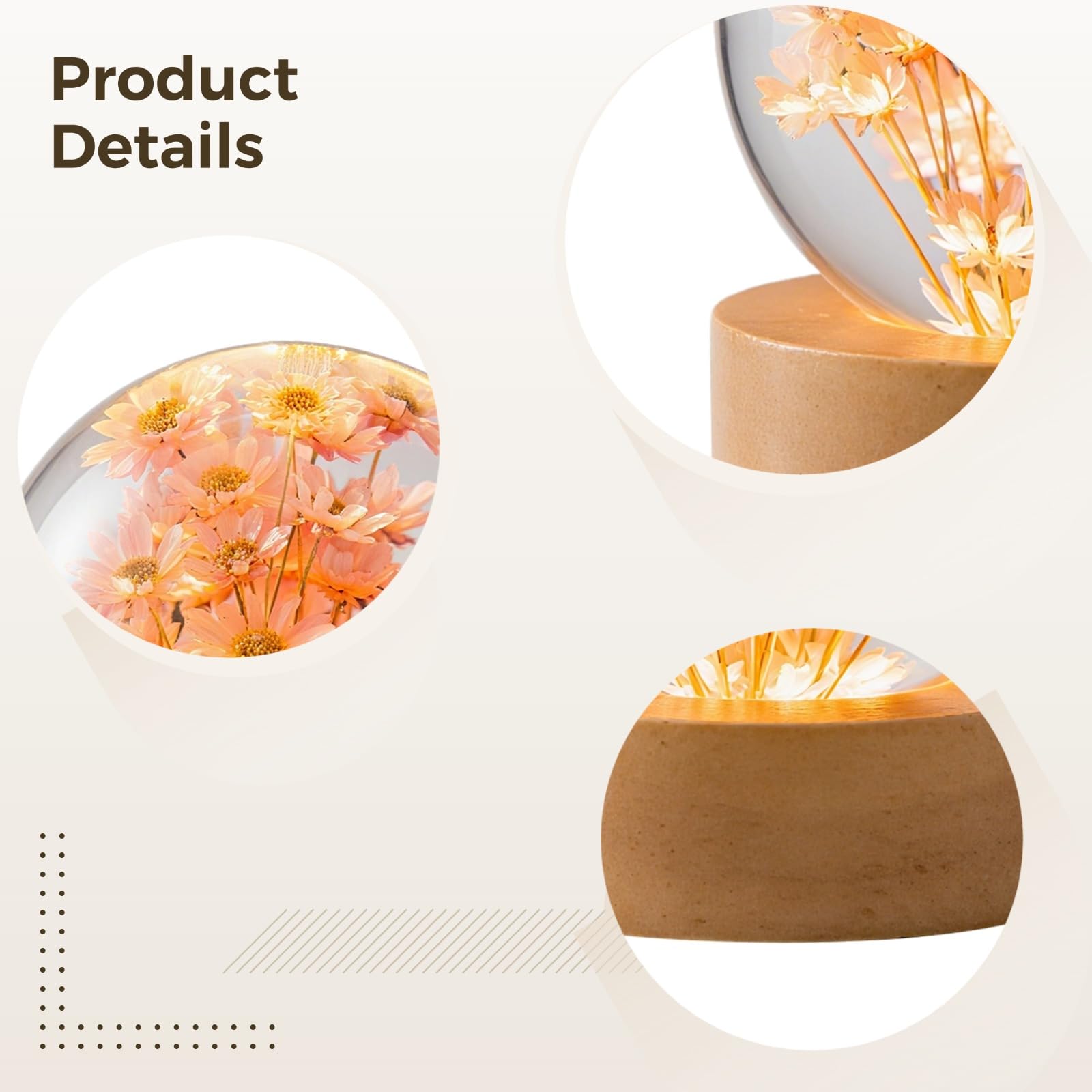 Luz nocturna de bola de cristal, lámpara de escritorio de flores preservadas grabada en 3D con diseño de diente de león y margaritas, luz LED cálida, decoración de mesita de noche alimentada por USB