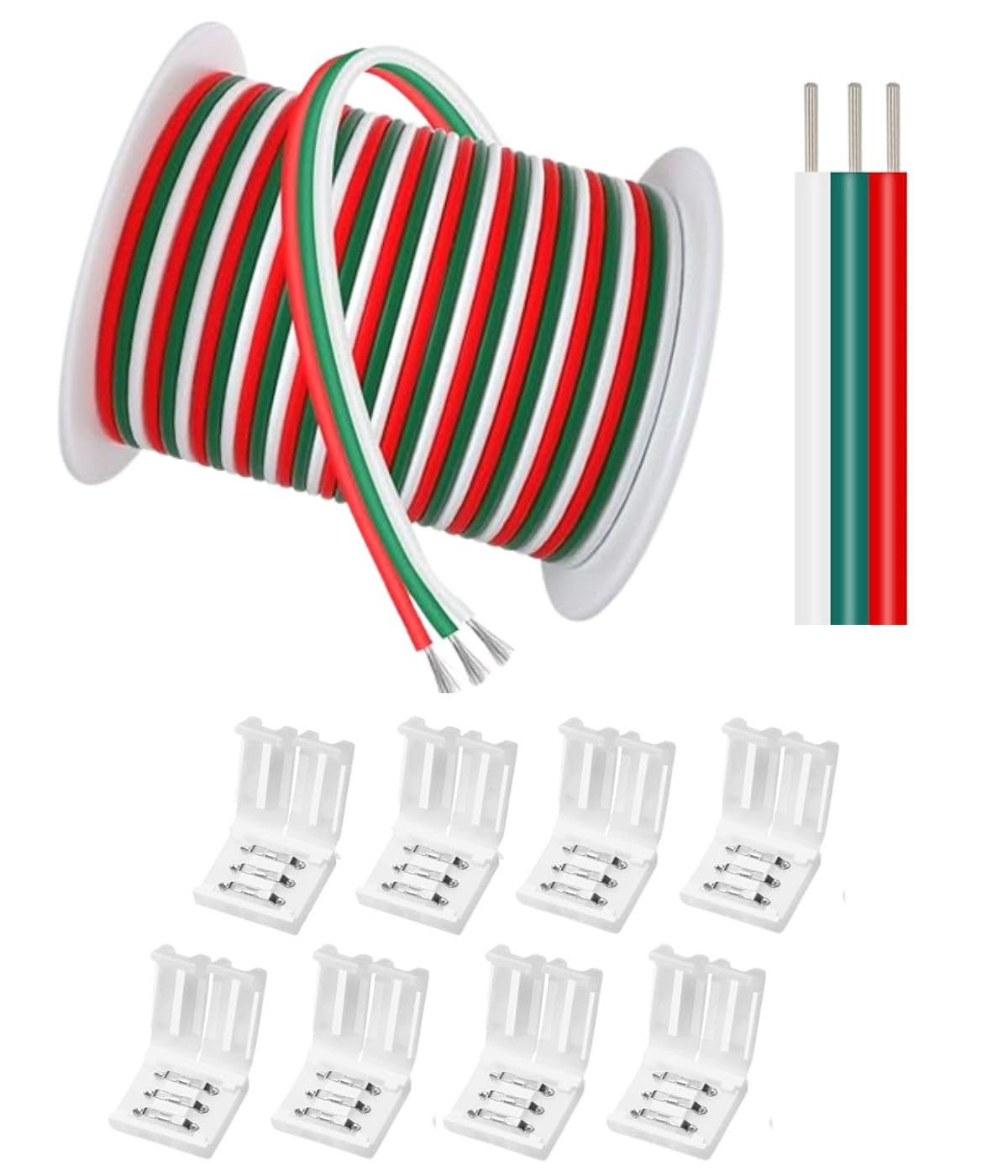 SOOOGG 3 core 18 AWG Cable 40 FT 3 PIN Connector 8 Piece Solderless for COB/SMD 2835 3528 Single Color LED Strips Unwired Gapless led Strip Adapter Extension (3C-40FT+8-CONN)