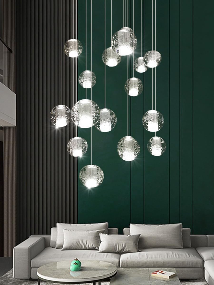 HYJAUSXB Modern Minimalist Nordic Loft Apartment Chandelier Duplex Rotating Glass Ball Staircase Lighting Fixture (15 Heads)