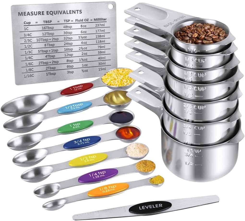 Measuring Cups and Measuring Spoons Set,QtoiKce Stainless Steel 7 Measure Cups and 7 Colorful Magnetic Measure Spoons,1 Leveler & 1 Conversion Chart for Dry and Liquid Ingredient
