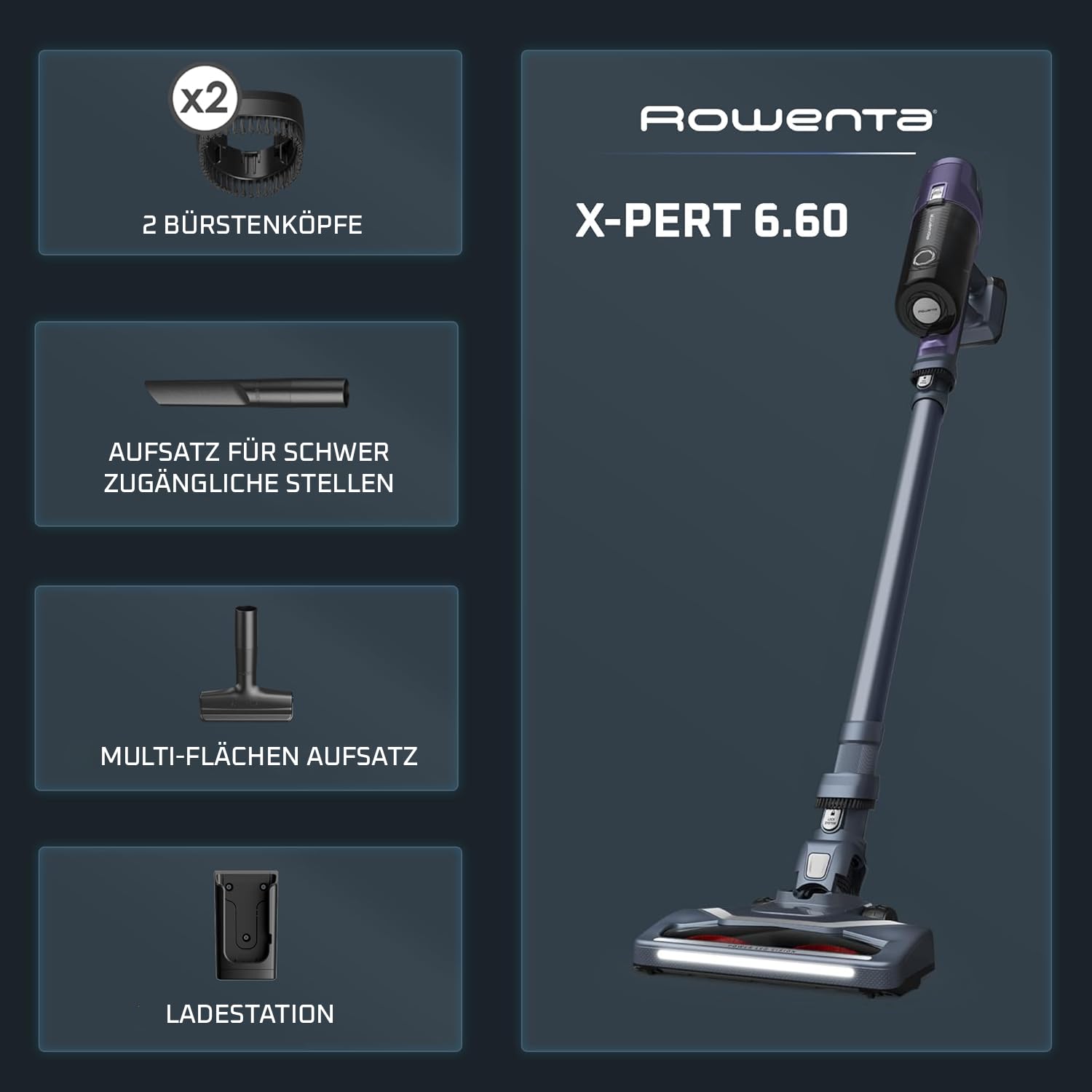 Rowenta X-Pert 6.60 Essential Akkustaubsauger, 100 W Leistung, 45 Min Laufzeit, kabellos & beutellos, LED-Bürstenkopf, herausnehmbarer Akku, inkl. Fugendüse und Wandhalterung, violett/schwarz, RH6838
