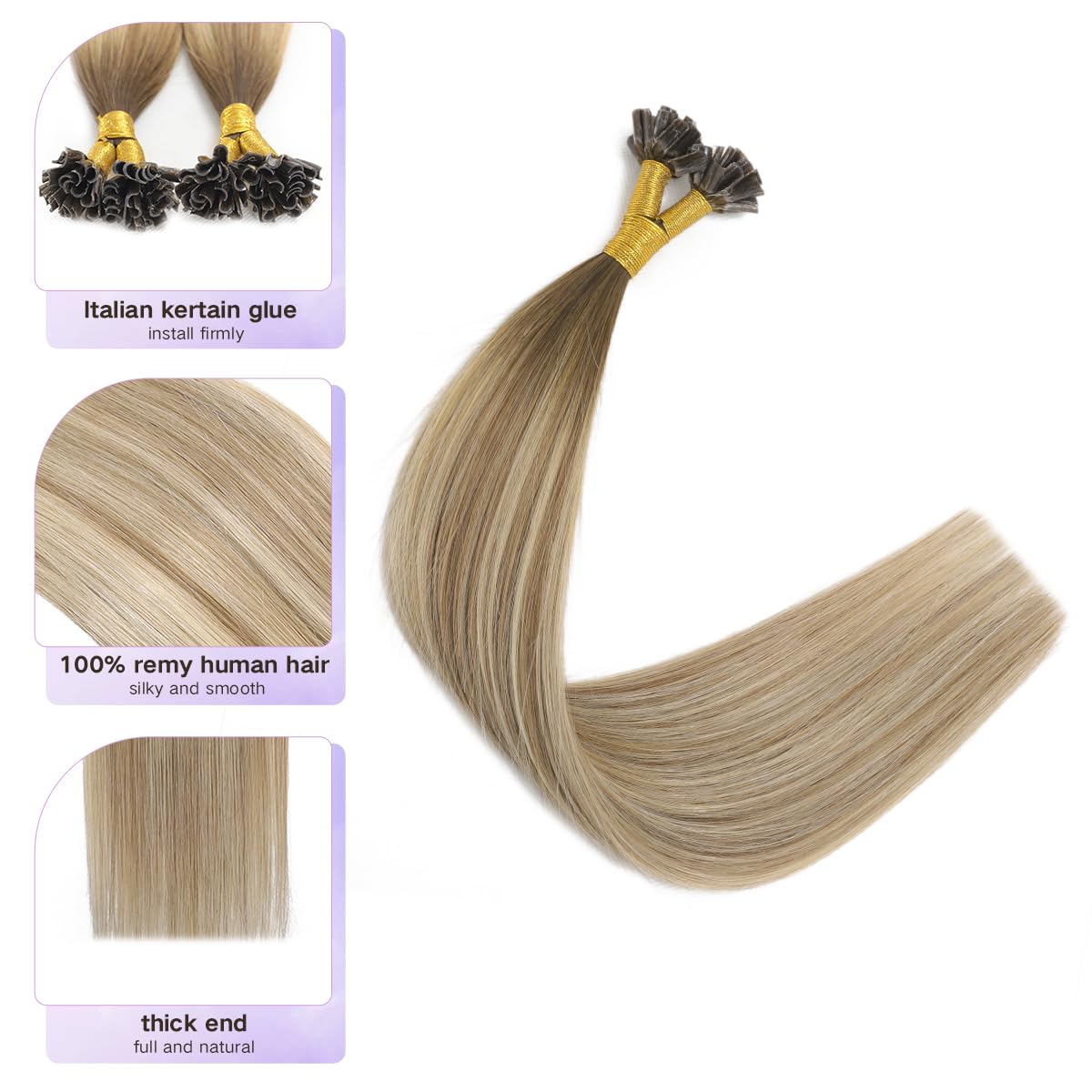 Sindra U Tip Extensions Human Hair 16 Inch 40g Balayage Ombre Walnut Brown to Ash Brown and Blonde Fusion Human Hair Extensions Straight 50 Strands #3/8/22 16inch - Image 2