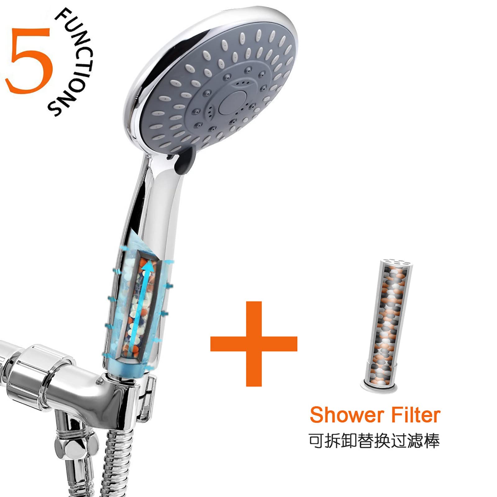 Filtración Alcachofa Ducha, 5 Modos Alta Presión ABS Antical Alcachofa de Ducha de Mano con Manguera, Soporte, Fácil de Instalar, Cromado G1/2 Ajuste Universal Duchas de Baño Alcachofa