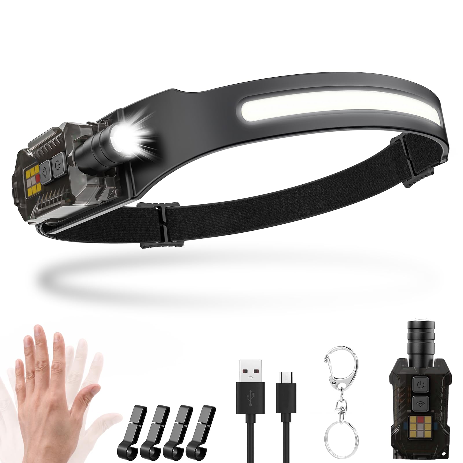 Head Torch Rechargeable,2000 Lumens Super Bright 230ยฐ Wide Beam Adjustable Focus Headtorch With Motion Sensor,9 Modes With UV Light,Detachable Magnetic Lightweight Headlamp For Running,Camping,Hiking