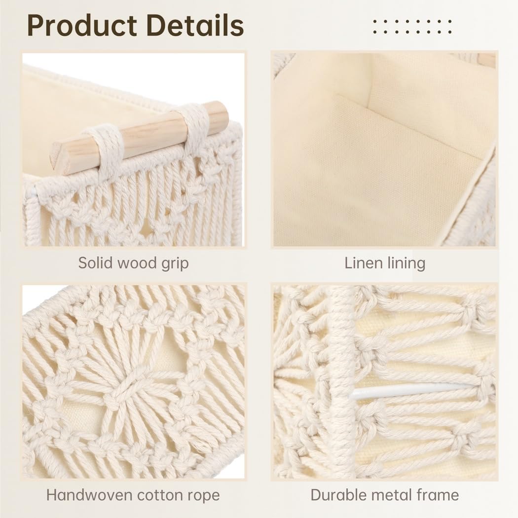 Cestas de almacenamiento bohemias de color marfil, 2 cajas tejidas de macramé con asas de madera, perfectas para baño, dormitorio, cocina y oficina