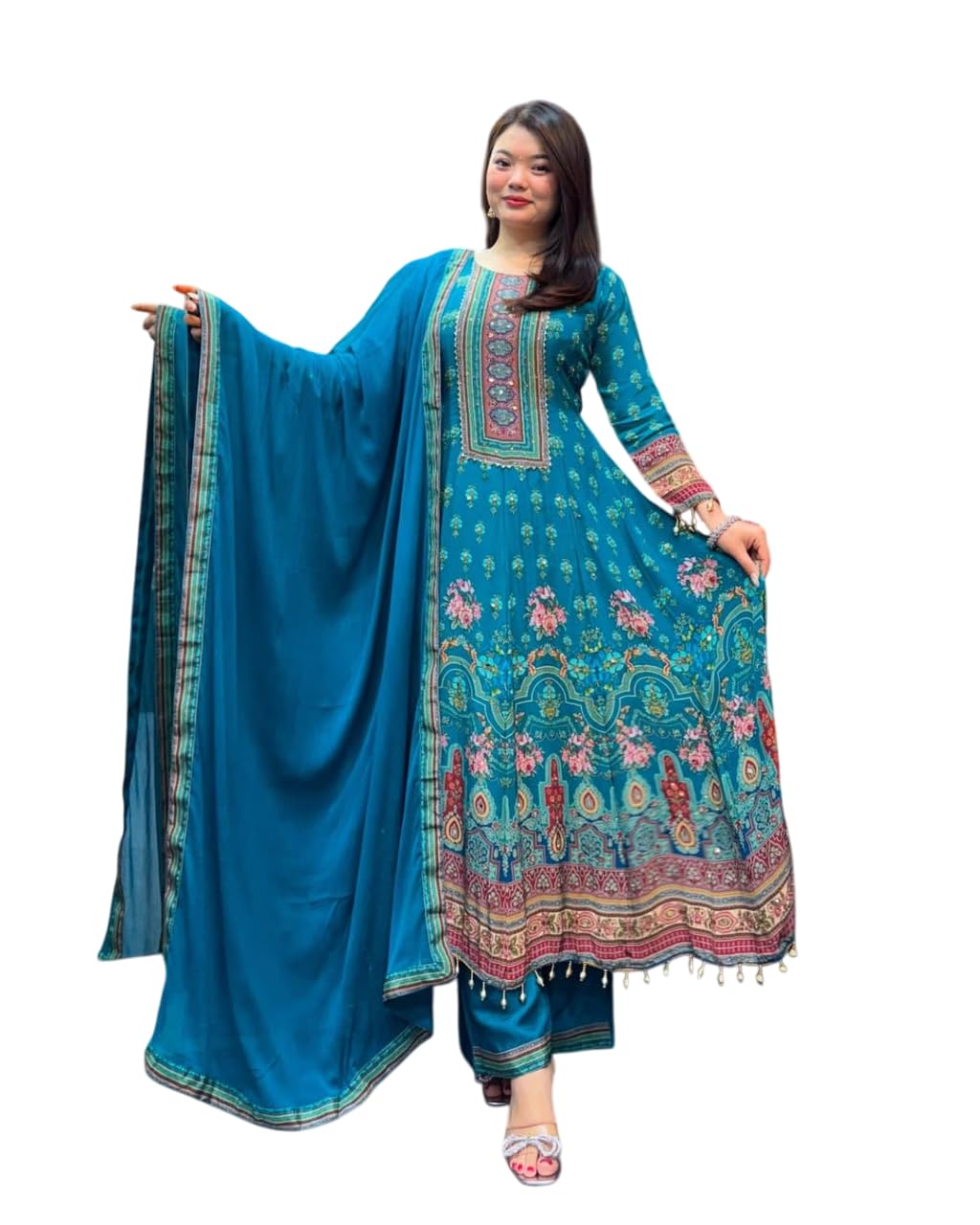 Women's Rajasthani Pure Chinon Anarkali Kurti and Pent with Dupatta Suit Set.-image-27
