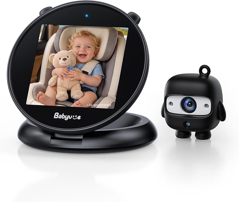 Cámara para auto de bebé, monitor redondo plegable para mirar hacia atrás | 1080P HD, zoom 3X, brillo automático de 700 nits, visión nocturna sin brillo, base de 360°, sin WiFi, configuración USB para niños pequeños (negro)
