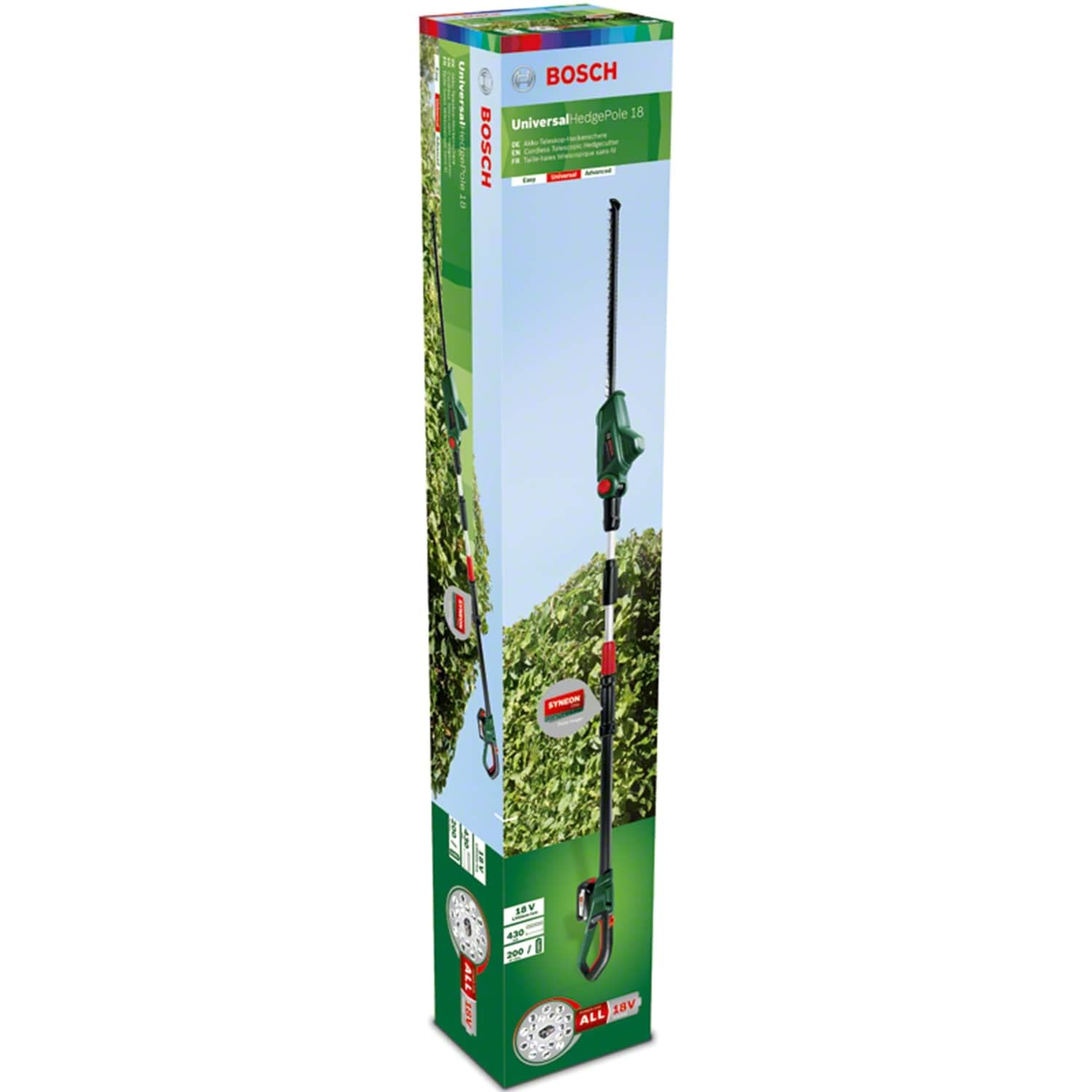 Bosch Tagliasiepi telescopico a batteria UniversalHedgePole 18, Batteria, caricabatteria, confezione in cartone, sistema da 18 Volt, 2,5 Ah