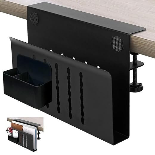 Desk Side Storage, Desk Laptop Holder with Magnetic Pen Holder, No Drill Desk Side Organizer for Office and Home Fits Flat Edge 0.3" to 2.3"