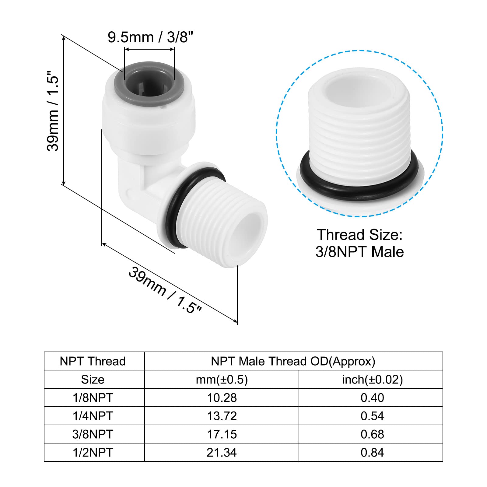 PATIKIL 3/8 Inch Push to Connect Fitting Elbow, 3 Pack 3/8NPT Male Thread Quick Fittings POM Right Angle Hose Pipe Connector, White - Image 2