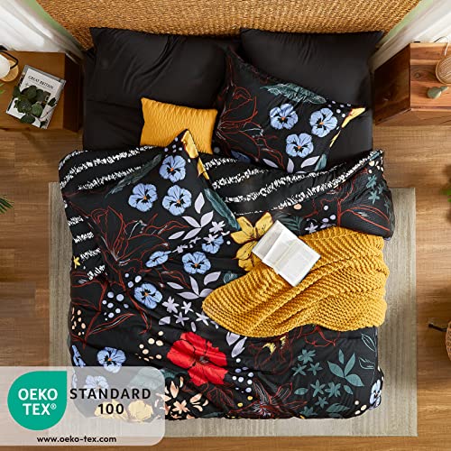 CASAAGUSTO Full Comforter Set, 7 PCS Black Floral Comforter Set with Flowers Leaves Pattern, Soft Seersucker Design All Season Full Size Bedding Set (80"X90")