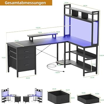 iSunirm L-Shaped Gaming Desk 150 x 150 cm Computer Desk with Shelves Gaming Table Corner Desk with File Drawer for Home and Office Black