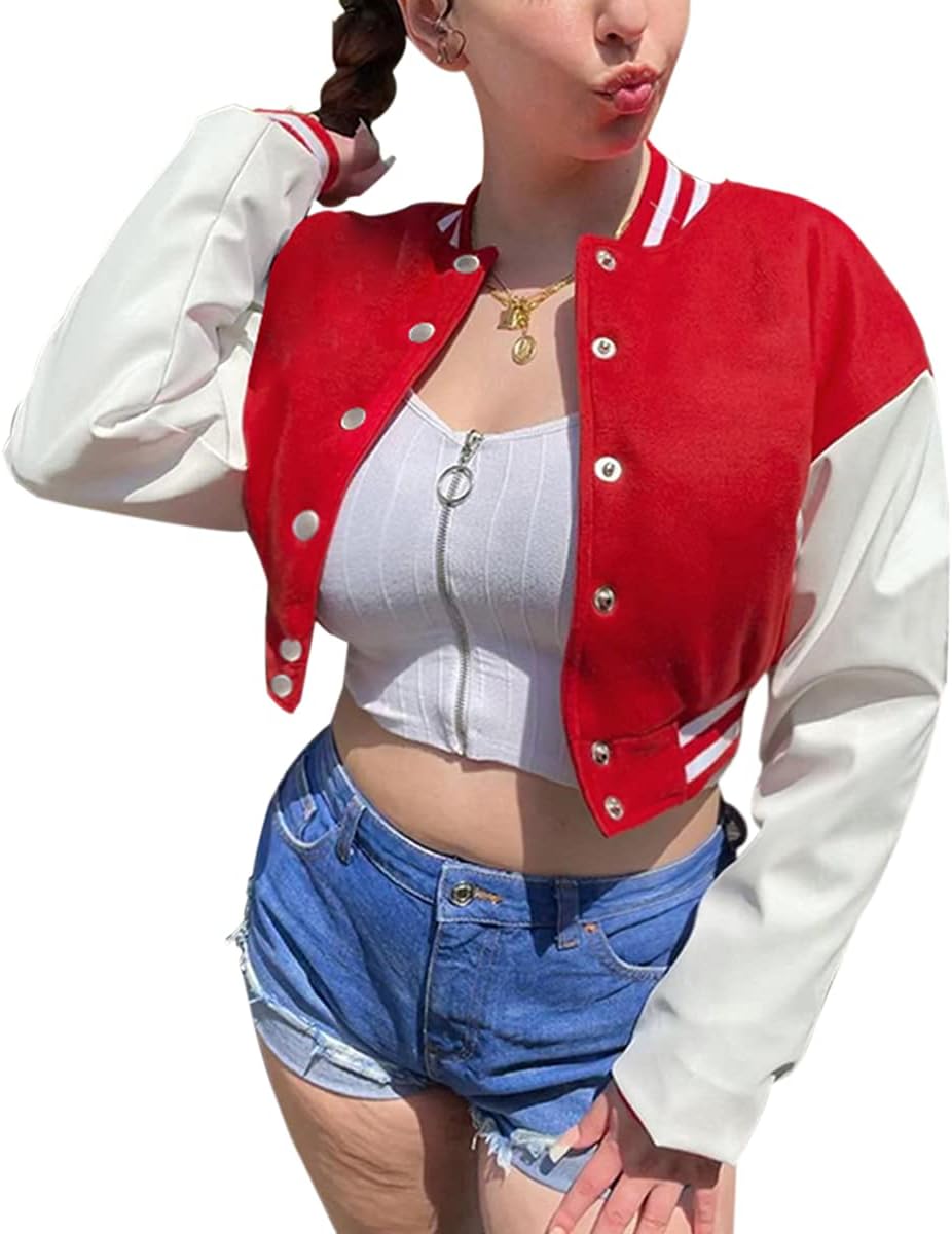 qfmqkpi Women Color block Crop Fleece Baseball Jacket Button Down Bomber Coats Sweatshirt - Image 2