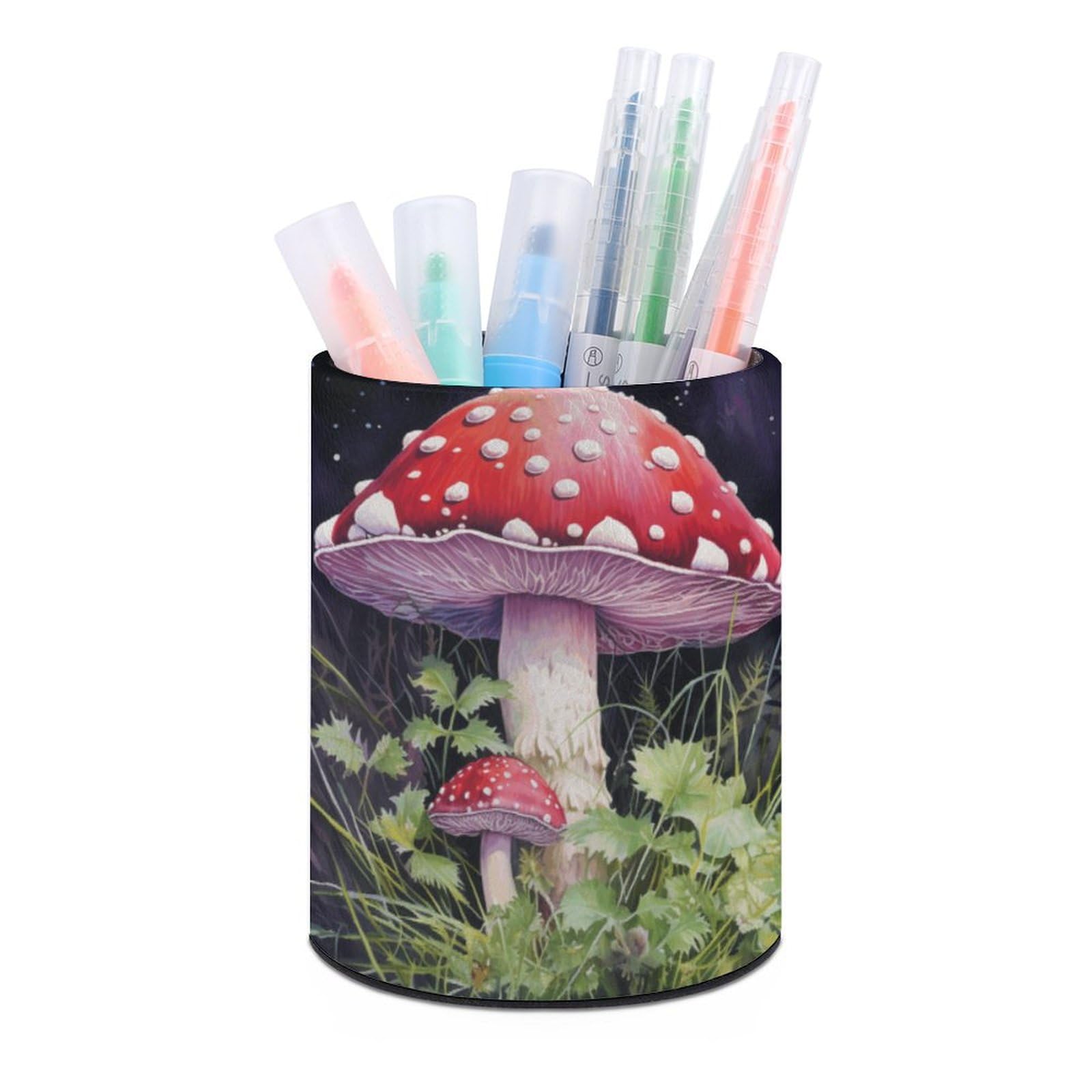 JTREHY Round Pen Holder,Mushrooms in The Grass Printed Makeup Brush Storage Box for Home Office Dressing Table