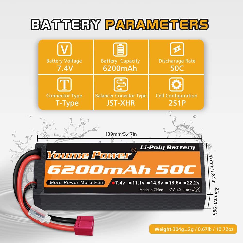 2S Lipo Batteria 6200mAh 50C Batterie Lipo 7,4v RC Hardcase con Connectore Deans T Spina compatibile con Losi 1/8 1/10 RC Auto Camion Veicolo Elicottero Aereo Barca (2 pezzi)