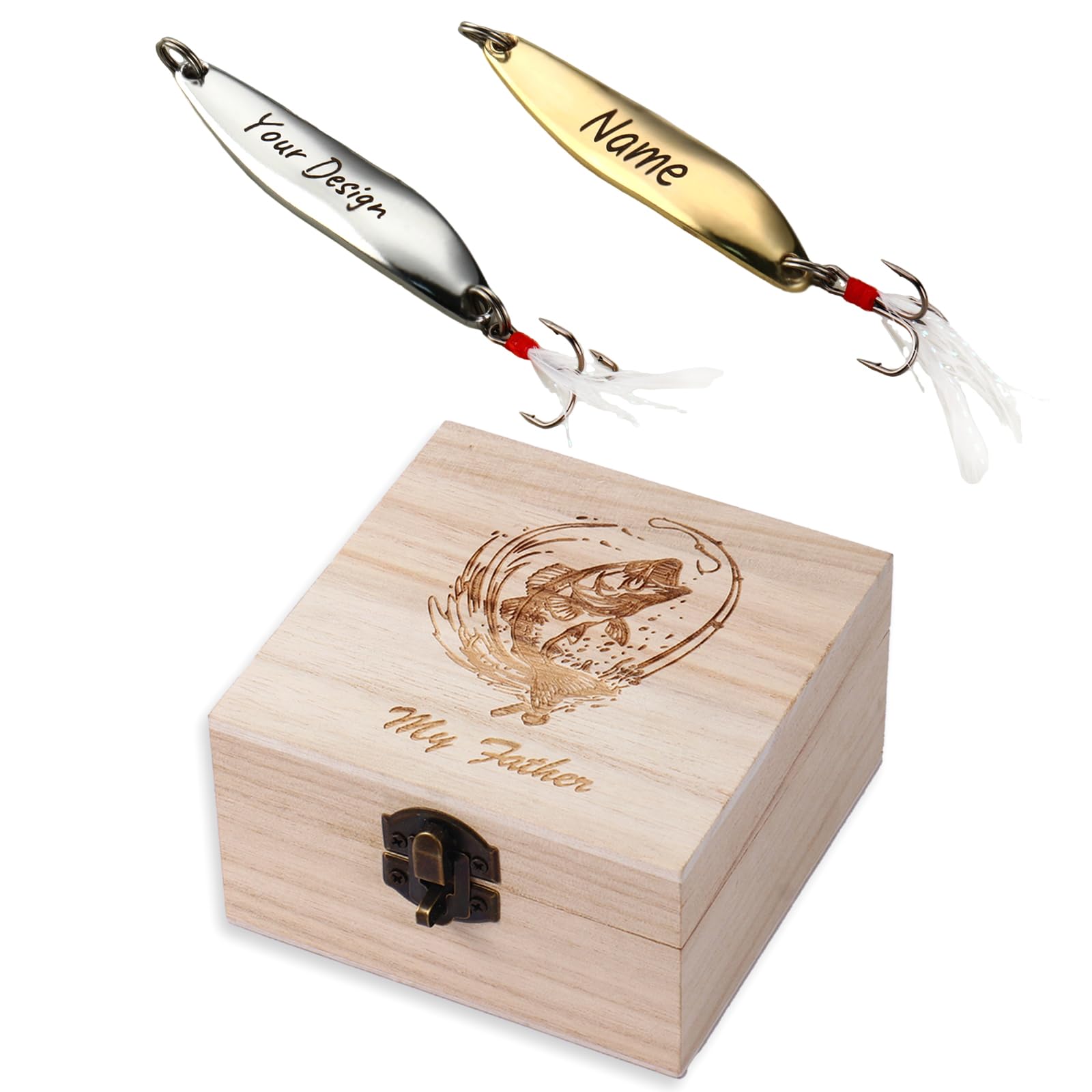 Personalised Laser Engraved Fishing Metal Lures with Customised Wooden Box Fishing Gifts for Men Women Father's Day