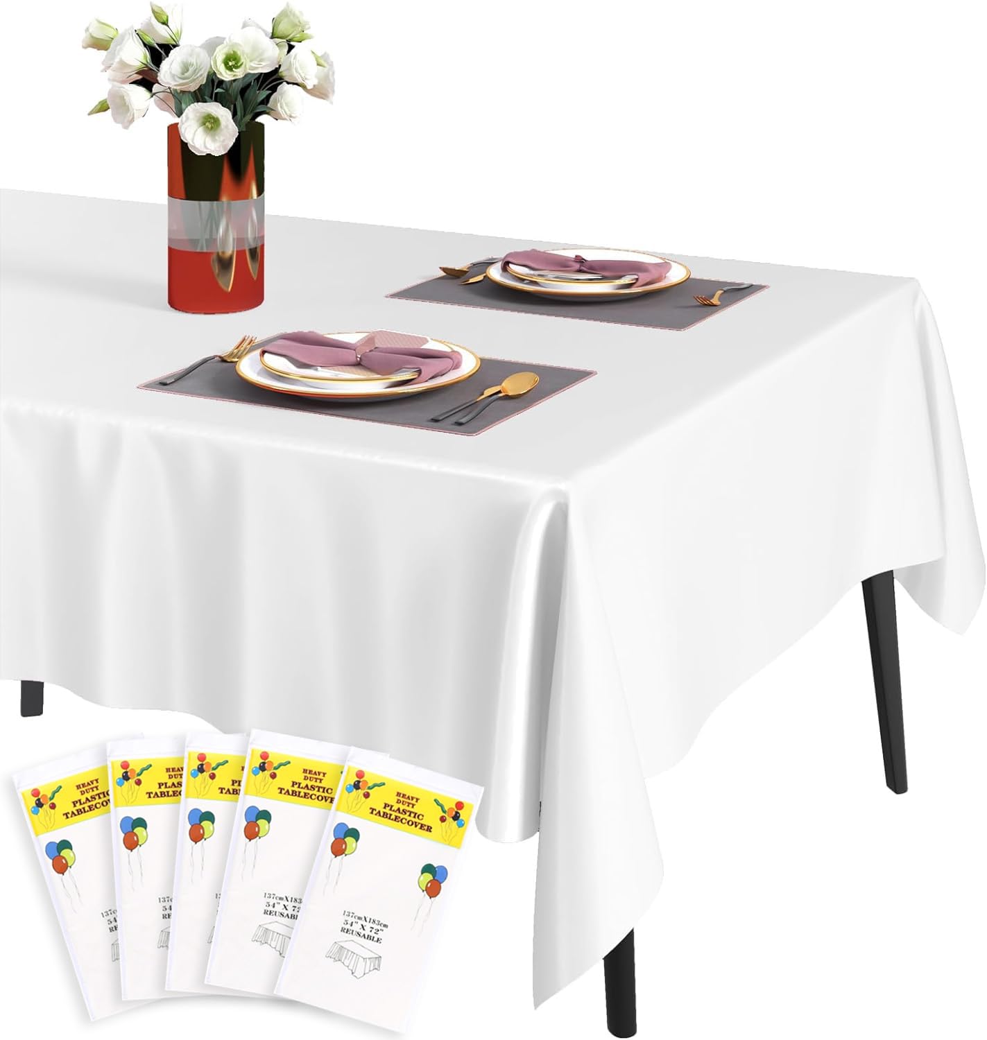 BananaHome 5pack Premium Disposable White Plastic Tablecloth Plastic Table Cover Decorative Rectangle Tablecloths for BBQ,Party,Fine Dining,Wedding,Outdoor (5pack White, 137 X 183cm /54" x 73.2")