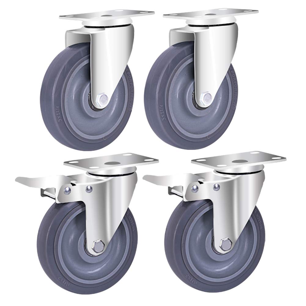 Ruedas giratorias con freno × 4 Ruedas silenciosas de goma de alta resistencia para transporte de muebles, ruedas de repuesto para carros/bancos de trabajo/mesas (2 fijas + 2 con freno de 100 mm/4 p