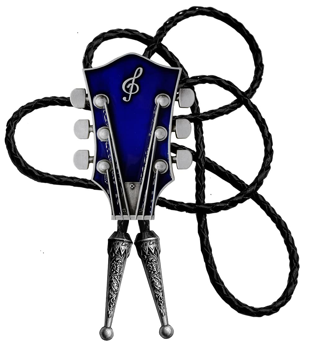 Moranse Bolo Tie With Guitar Music Lover Design Cowboy and Genuine Cowhide Rope, Blue, Medium