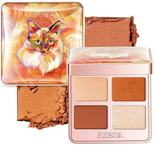 zeesea Tipsy Kitty Eyeshadow Palette Quad, Waterproof Eye Shadow for Catgirls, Matte Eyeshadow, Shimmer Eye Shadow Palette Makeup (Sunset Plate)