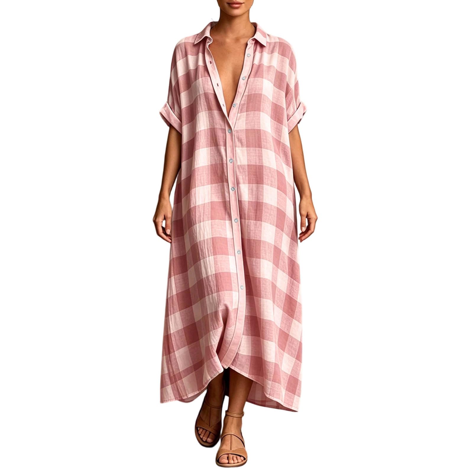 Generisch Vestido largo camisero con botones a cuadros para mujer