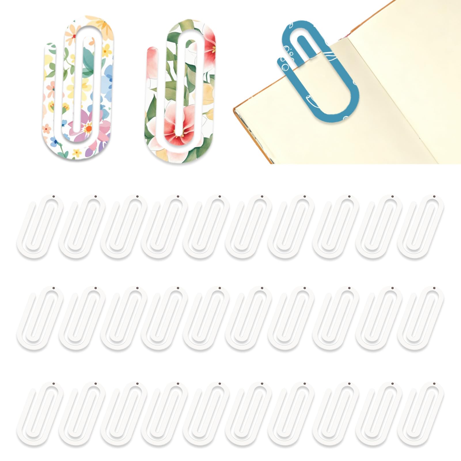 NICENEEDED 50 PCS Sublimation Blanks Acrylic Paper Clip, Jumbo Clear Book Marks Clips for Heat Transfer, Large Personalized Paperclip for Office Home Scrapbooking DIY Supplies