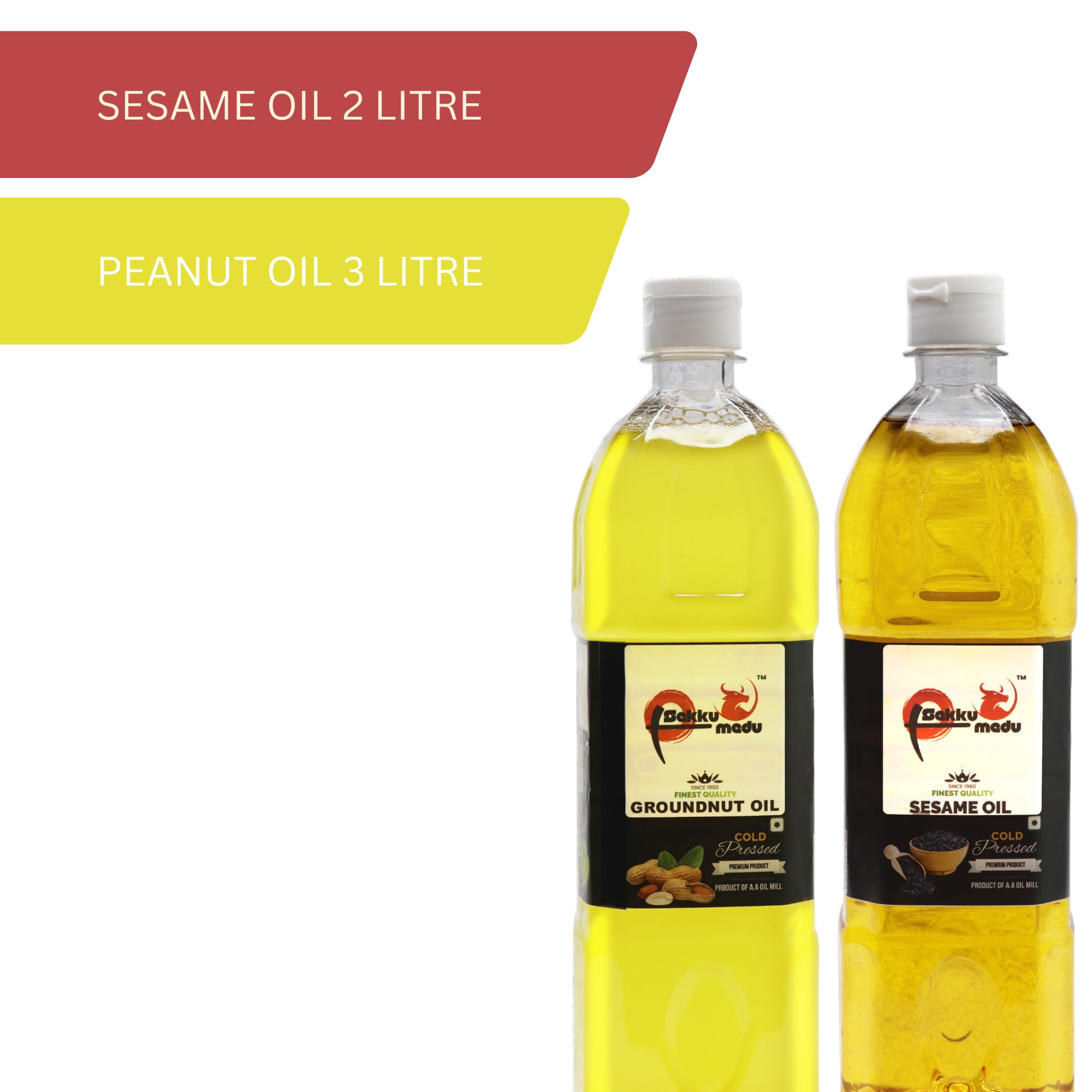 Sekku Medu Pure Cold Pressed Oil Combo Pack | 100% Natural Wood Pressed Sesame, Peanut (Groundnut) & Coconut Oil | Unrefined, Chemical-Free & Nutrient Rich Edible Oils for Cooking & Wellness (3L GROUNDNUT + 2L SESAME) 1