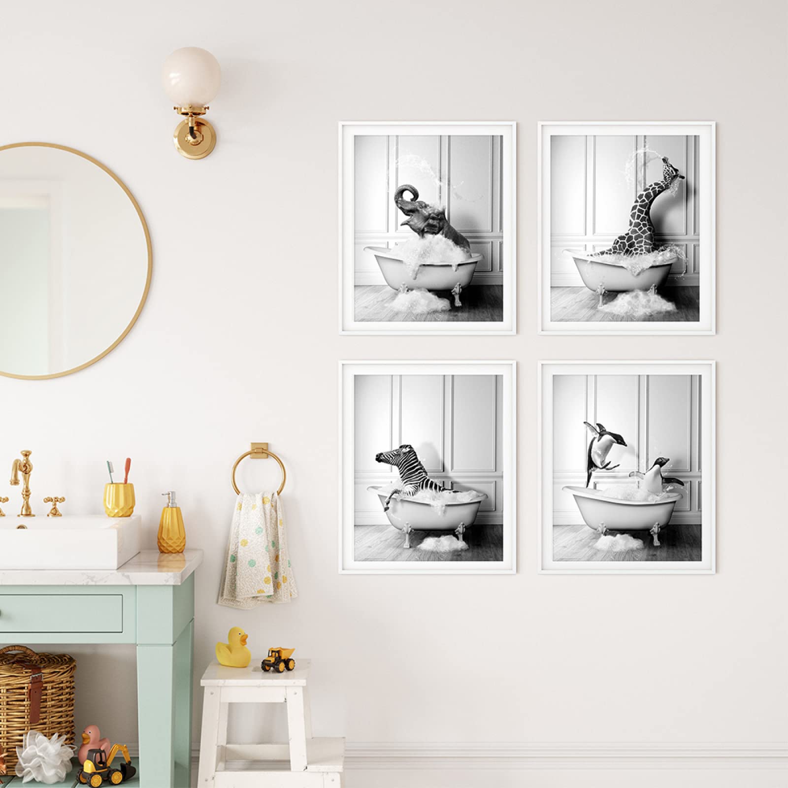 Animal Negro Blanco Pared Arte Impresiones Elefante Cebra PingüInos Jirafa Poster Impresiones Lienzo Pintura Poster NóRdico Cuarto De BañO Hogar Decoracion Sin Marco 20×30cm×4pcs